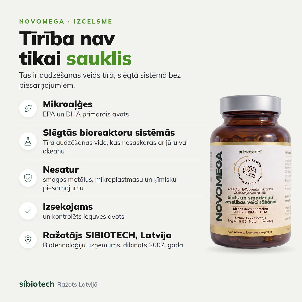NOVOMEGA izcelsme: mikroaļģes, audzētas slēgtās bioreaktoru sistēmās